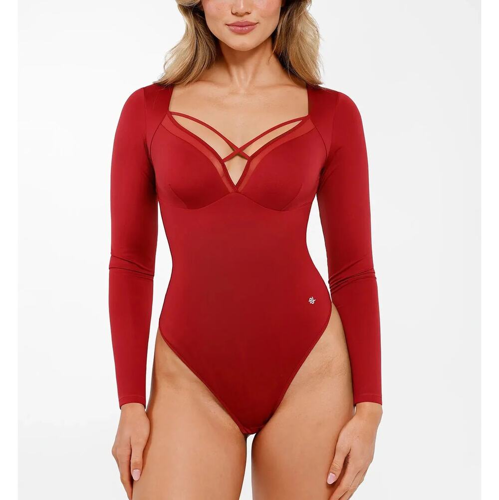 Popilush Shapewear Long Sleeve Mesh Inset Tummy Control Bodysuit Red SZ L